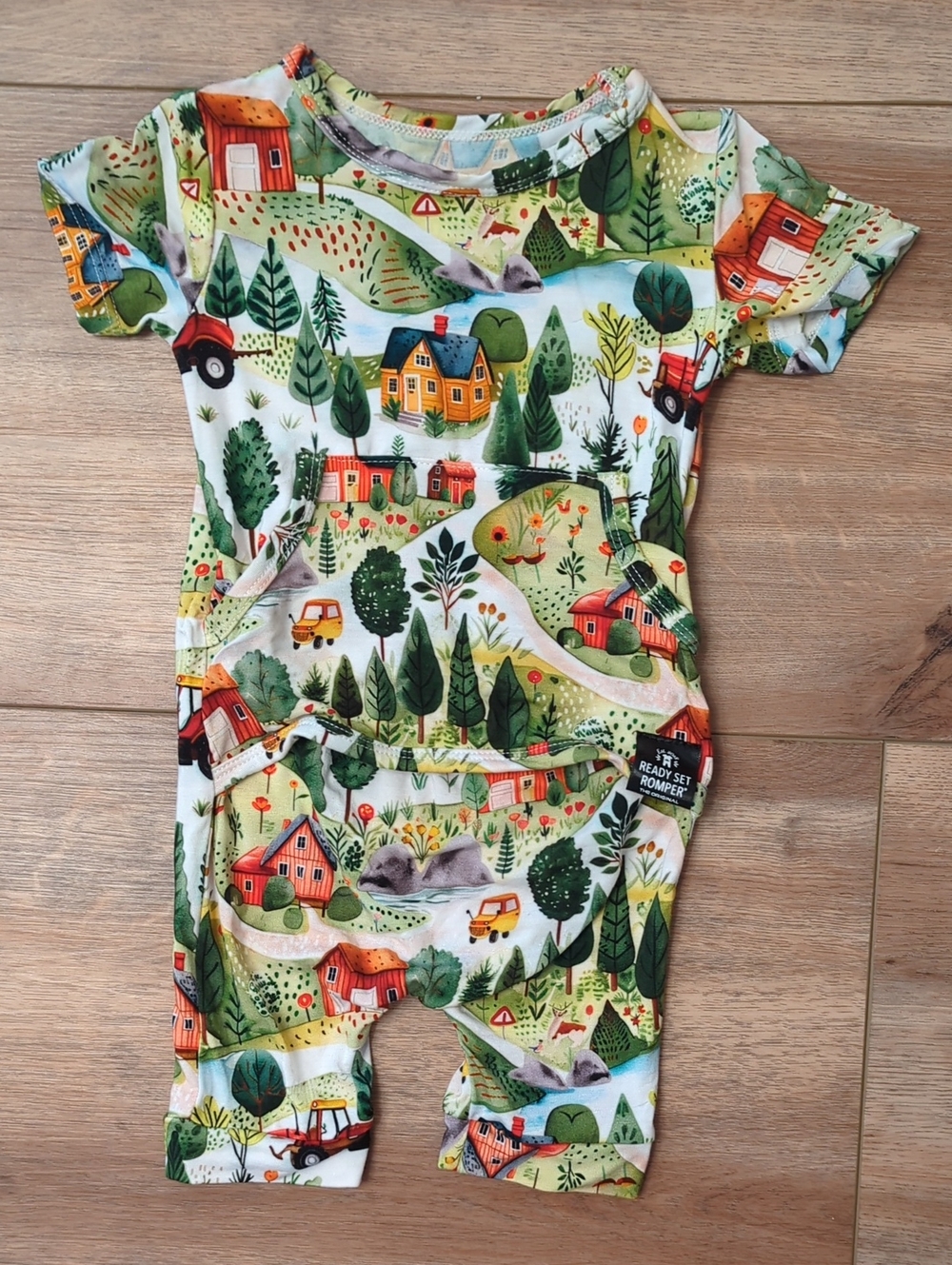 Ready Set Romper Front Opening Shortie Romper in Farmland, 0-6 Months